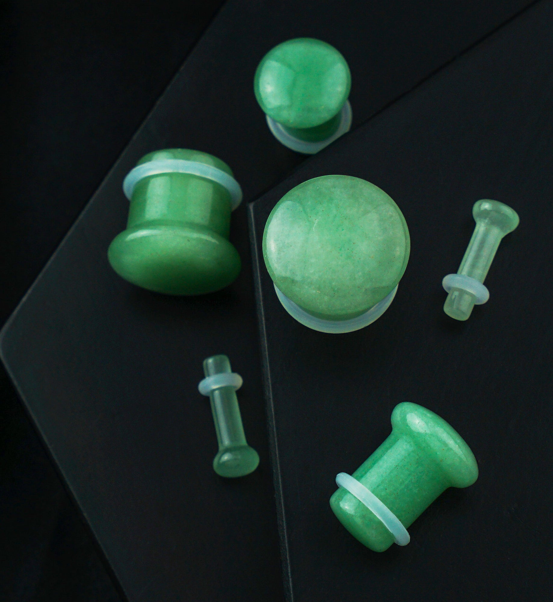 Green Aventurine Stone Plugs - Single Flare with Grooves