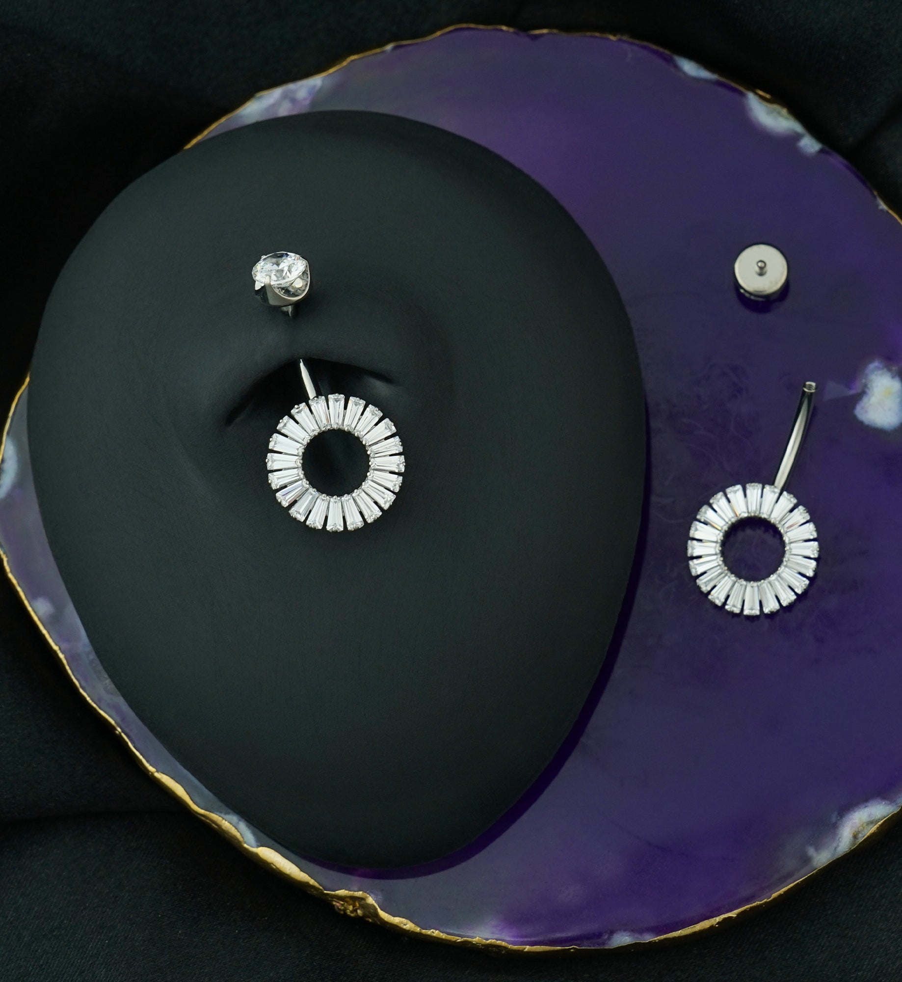 Baguette Circle Clear CZ Internally Threaded Titanium Belly Button Ring