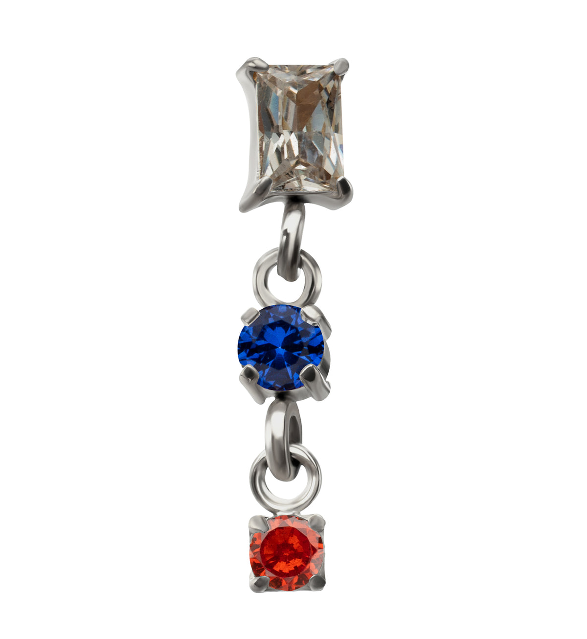 Baguette with Double Round Blue and Garnet CZ Dangle Titanium Threadless Top