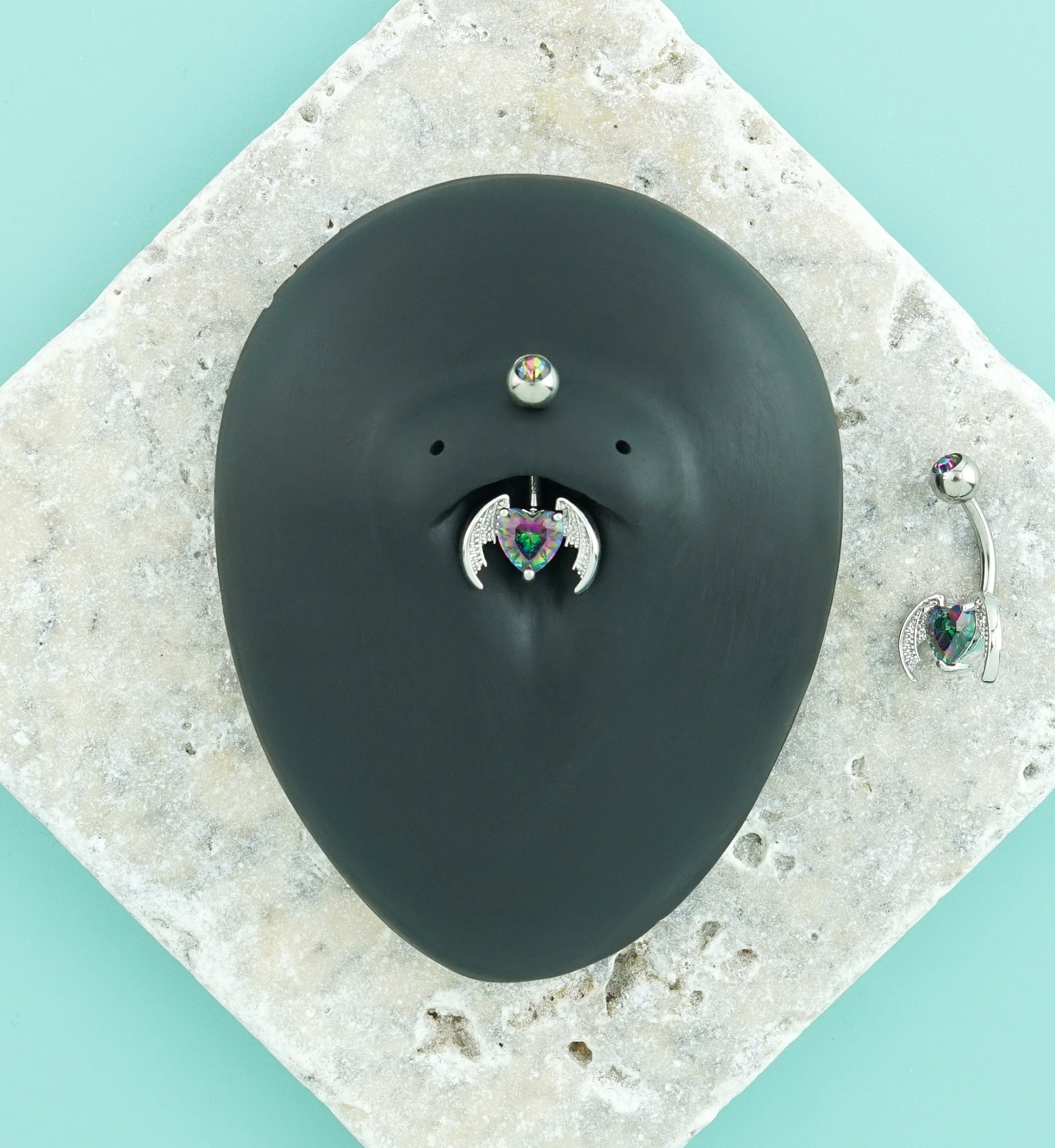 Bat Wing Heart Black Aurora CZ Stainless Steel Externally Threaded Belly Button Ring