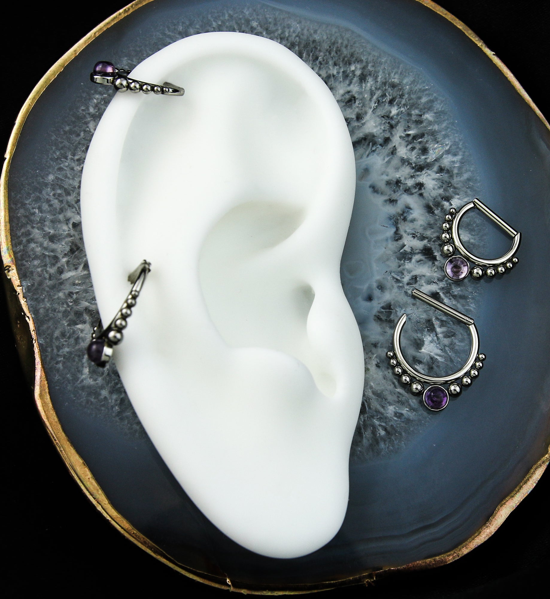 Beaded Amethyst Stainless Steel Straight Hinged Segment Ring