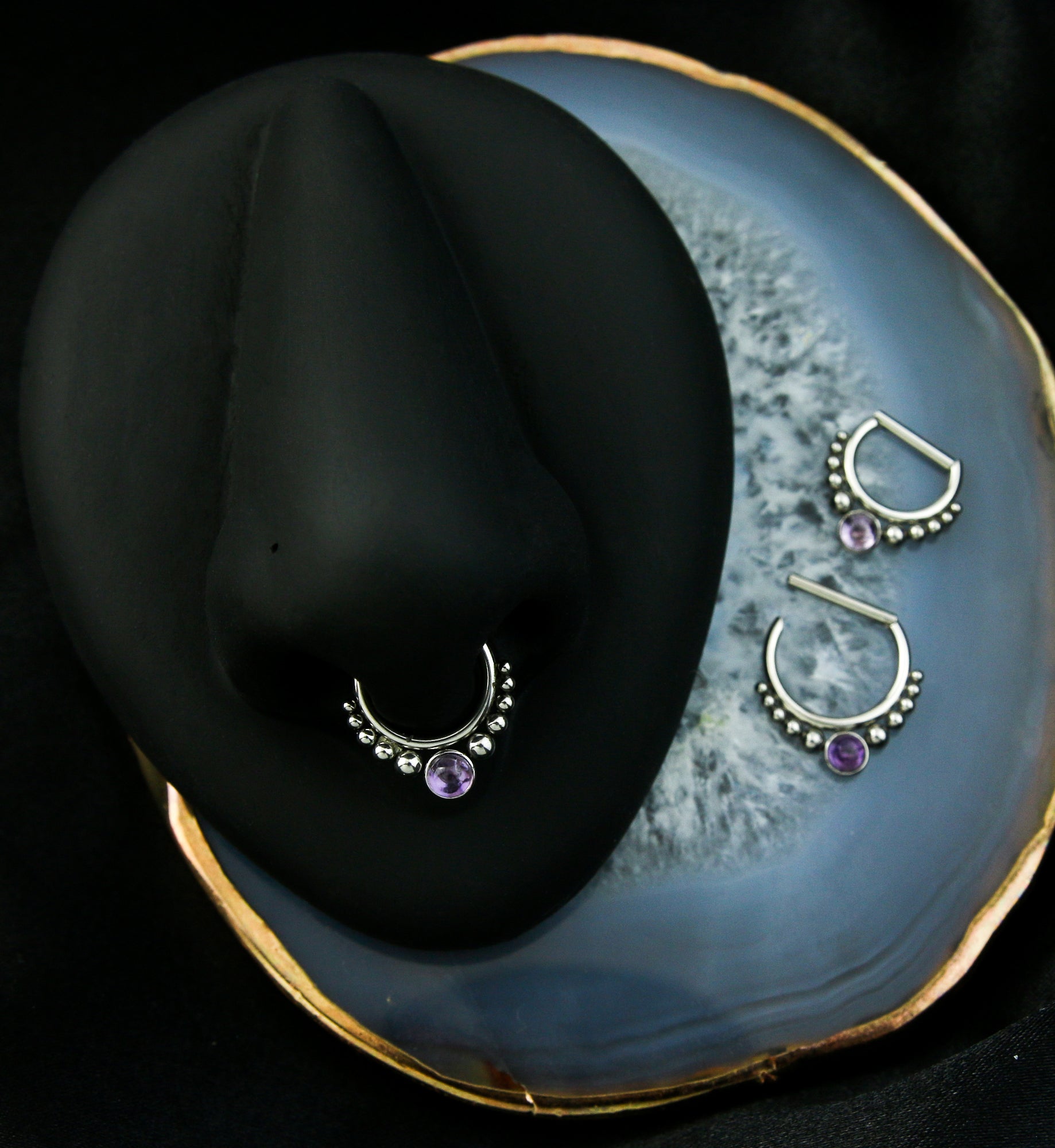 Beaded Amethyst Stainless Steel Straight Hinged Segment Ring