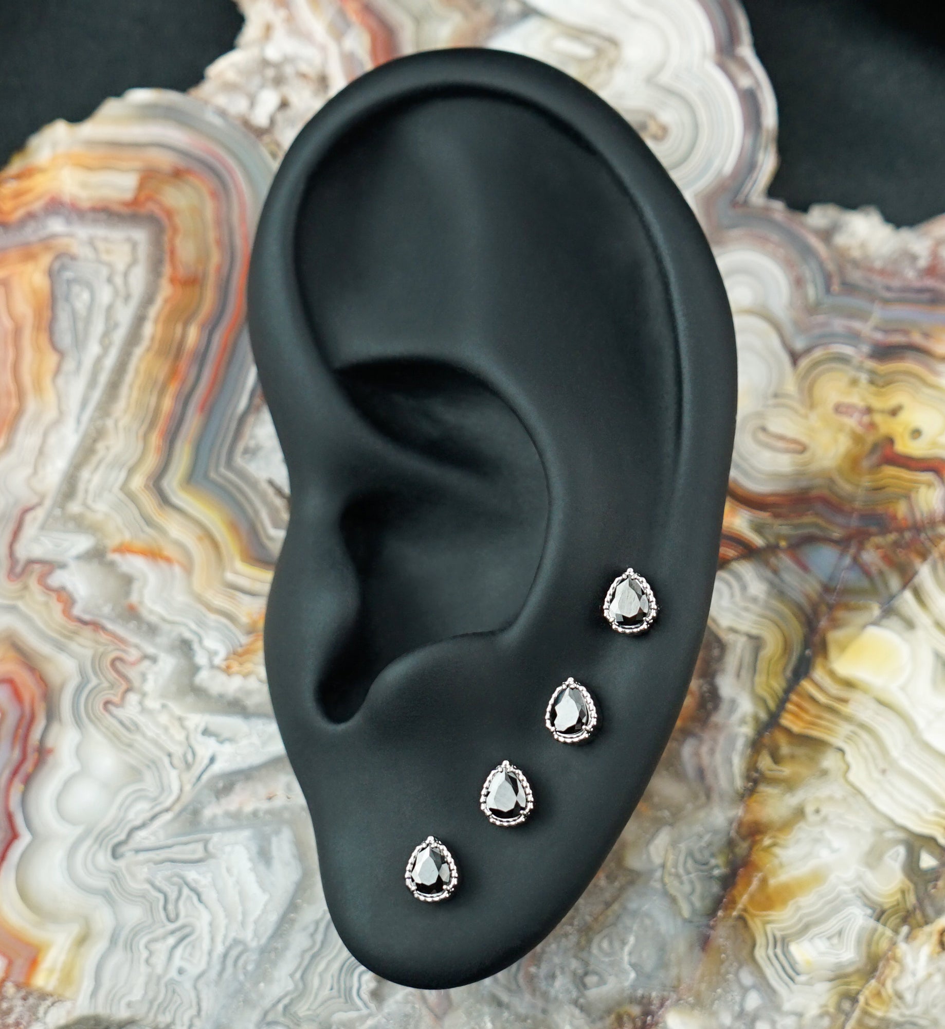 Beaded Bezel Black CZ Teardrop Titanium Threadless Top