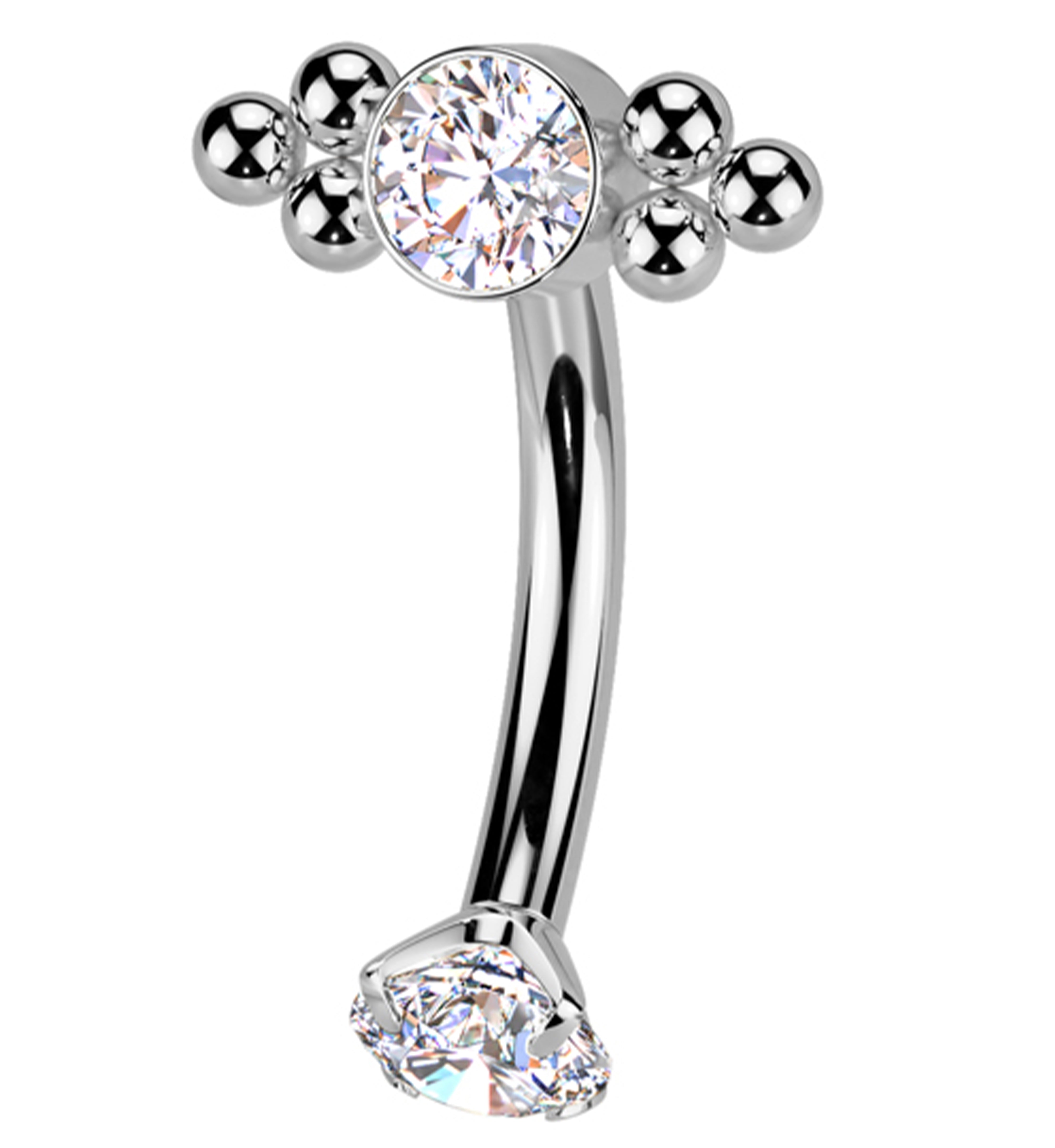 Beaded Bezel CZ Top With Prong CZ Bottom Internally Threaded Titanium Curved Barbell