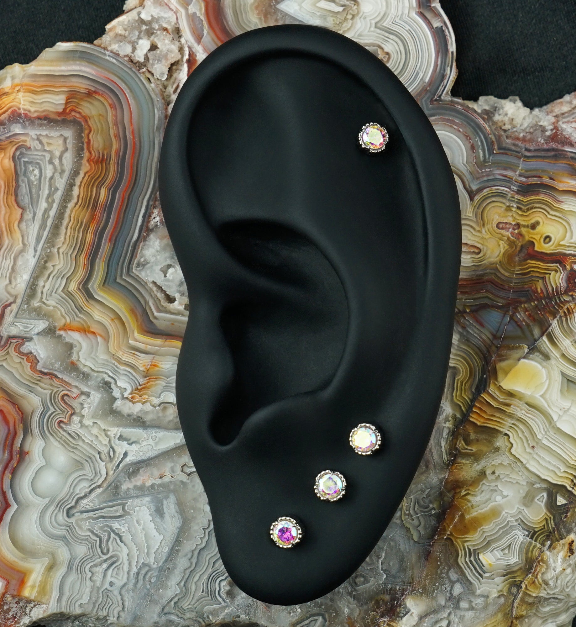 Beaded Bezel Rainbow Aurora CZ Titanium Threadless Top