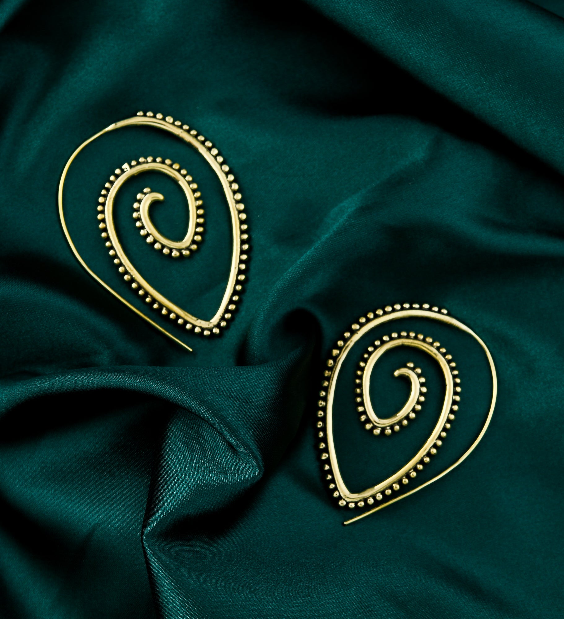 Beaded Brass Teardrop Spiral Hoop Earrings