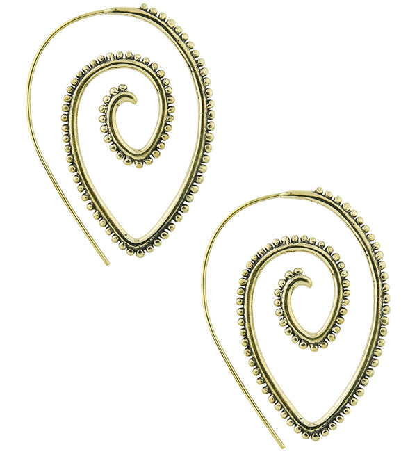 Beaded Brass Teardrop Spiral Hoop Earrings