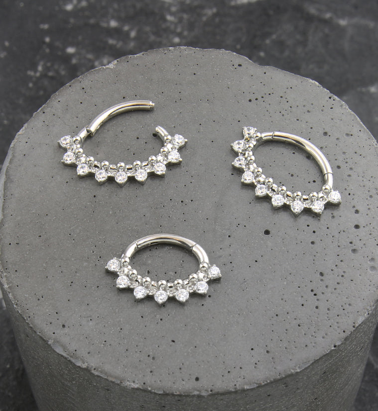 Beaded Clear CZ Titanium Oval Hinged Segment Ring