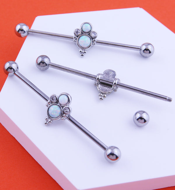 Beaded Double White Opalite Stainless Steel Industrial Barbell