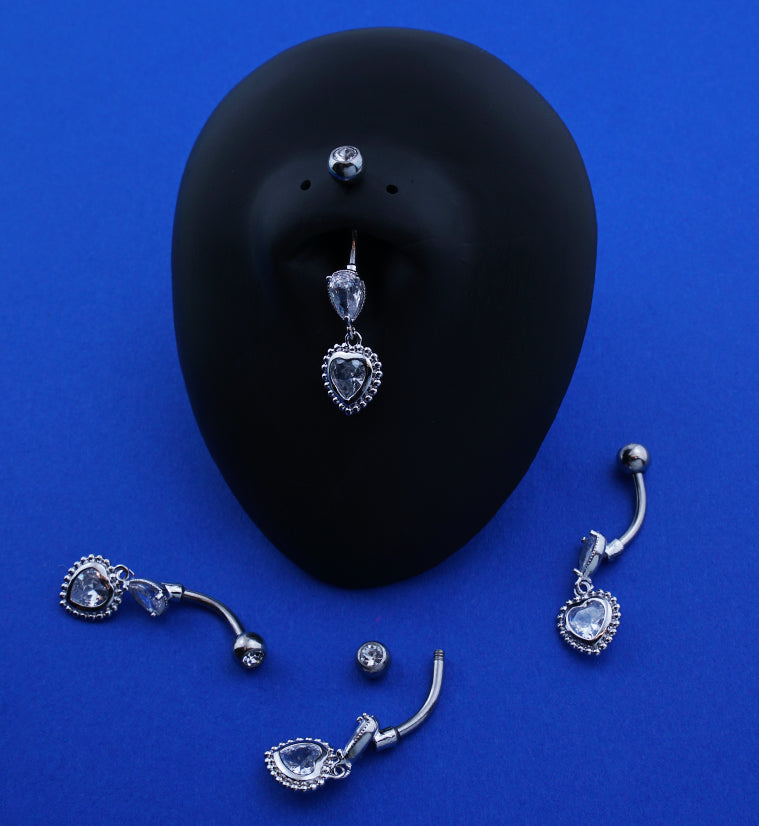 Beaded Heart Clear CZ Dangle Stainless Steel Belly Button Ring