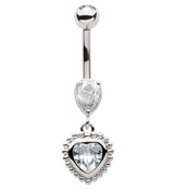 Beaded Heart Clear CZ Dangle Stainless Steel Belly Button Ring