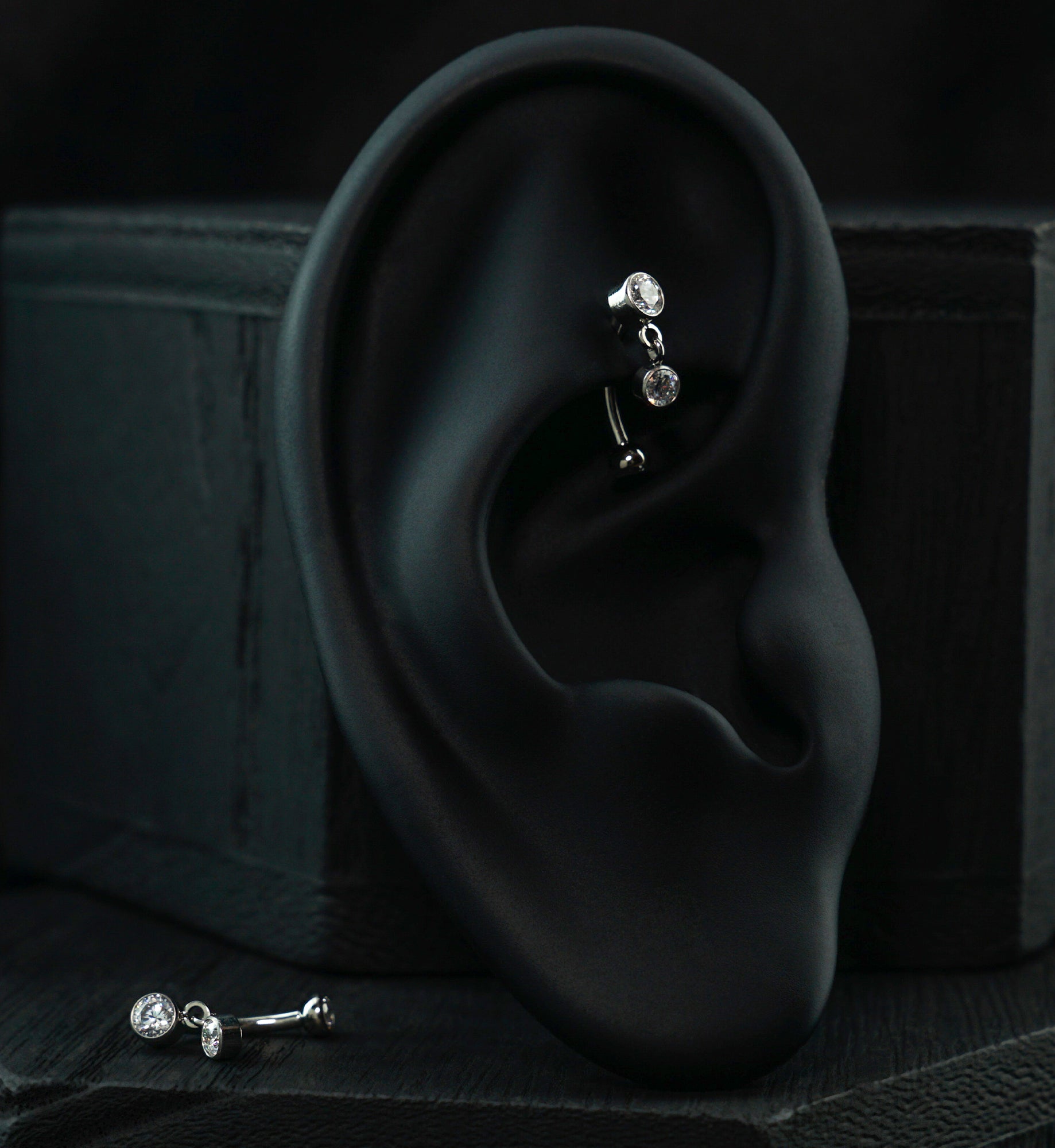 Bezel Clear CZ Dangle Titanium Internally Threaded Floating Curved Barbell