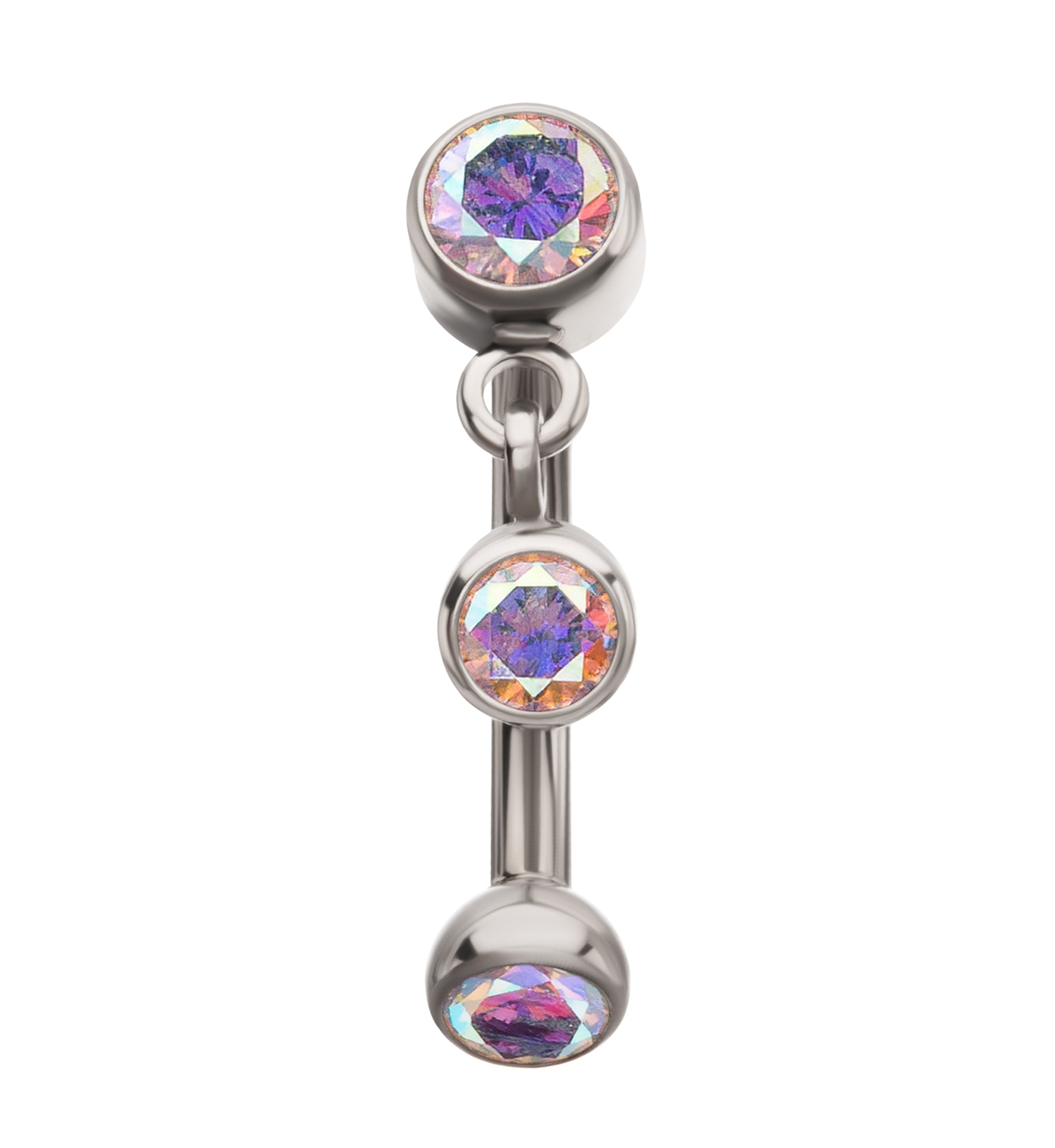 Bezel Floating Rainbow Aurora CZ Dangle Titanium Internally Threaded Curved Barbell