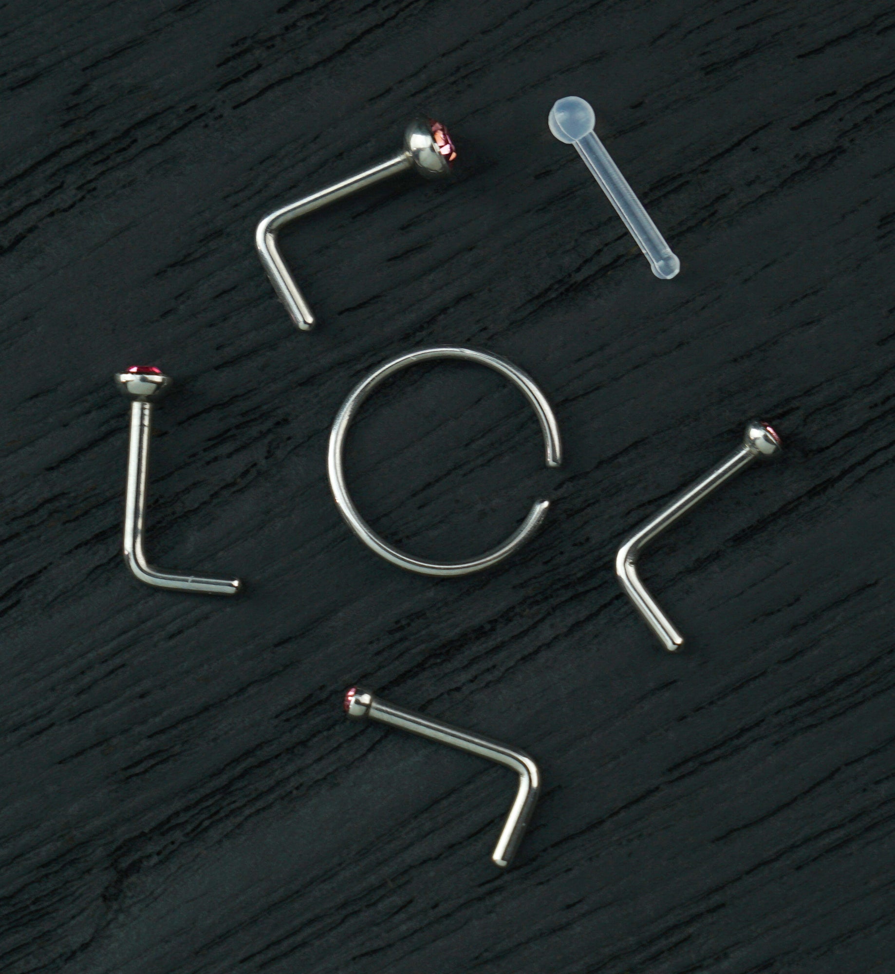 Bezel Pink CZ Stainless Steel L Bend/Stud/Hoop Variety Pack (6 Pack)