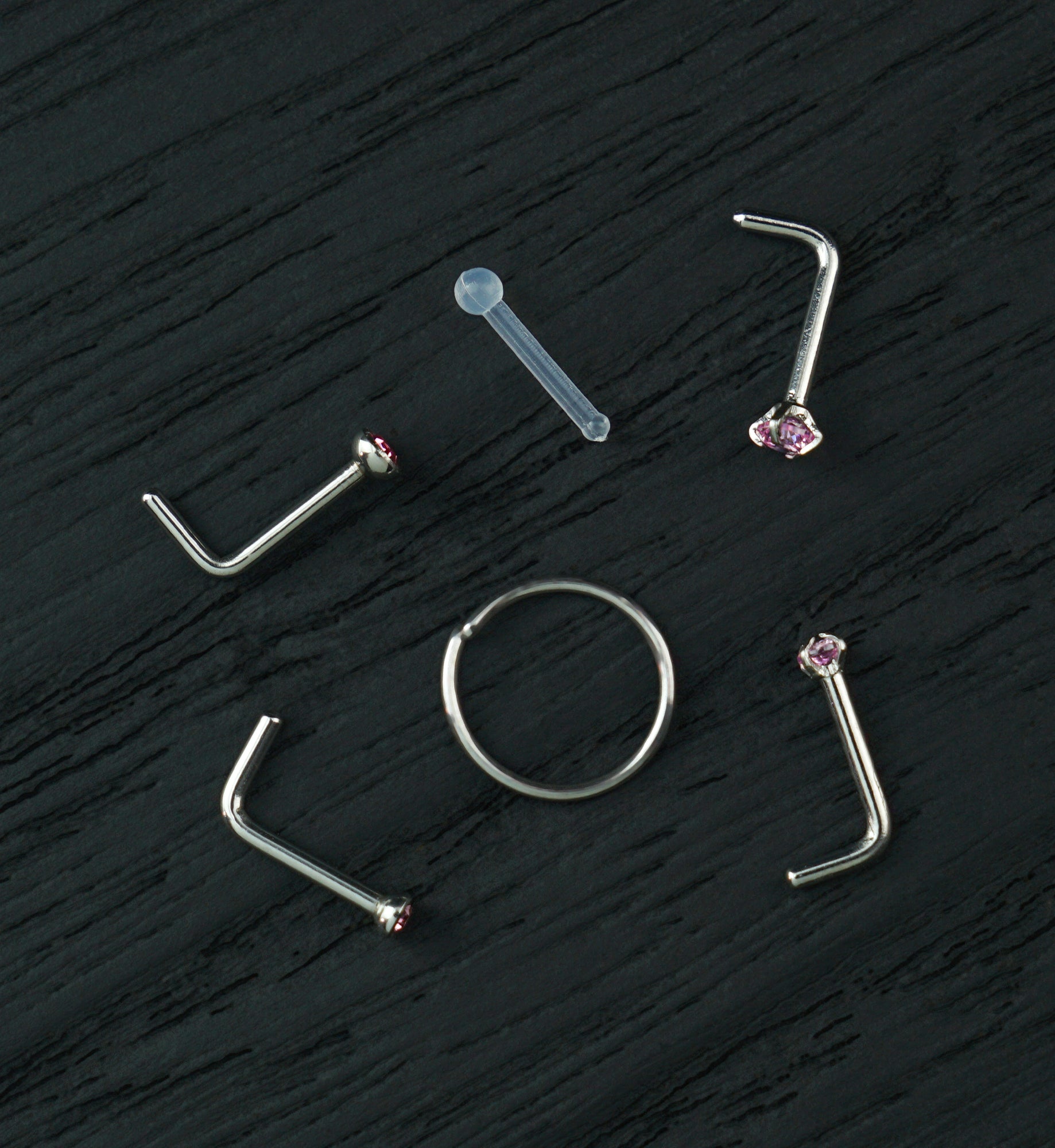 Bezel/Prong Pink CZ Stainless Steel L Bend/Stud/Hoop Variety Pack (6 Pack)
