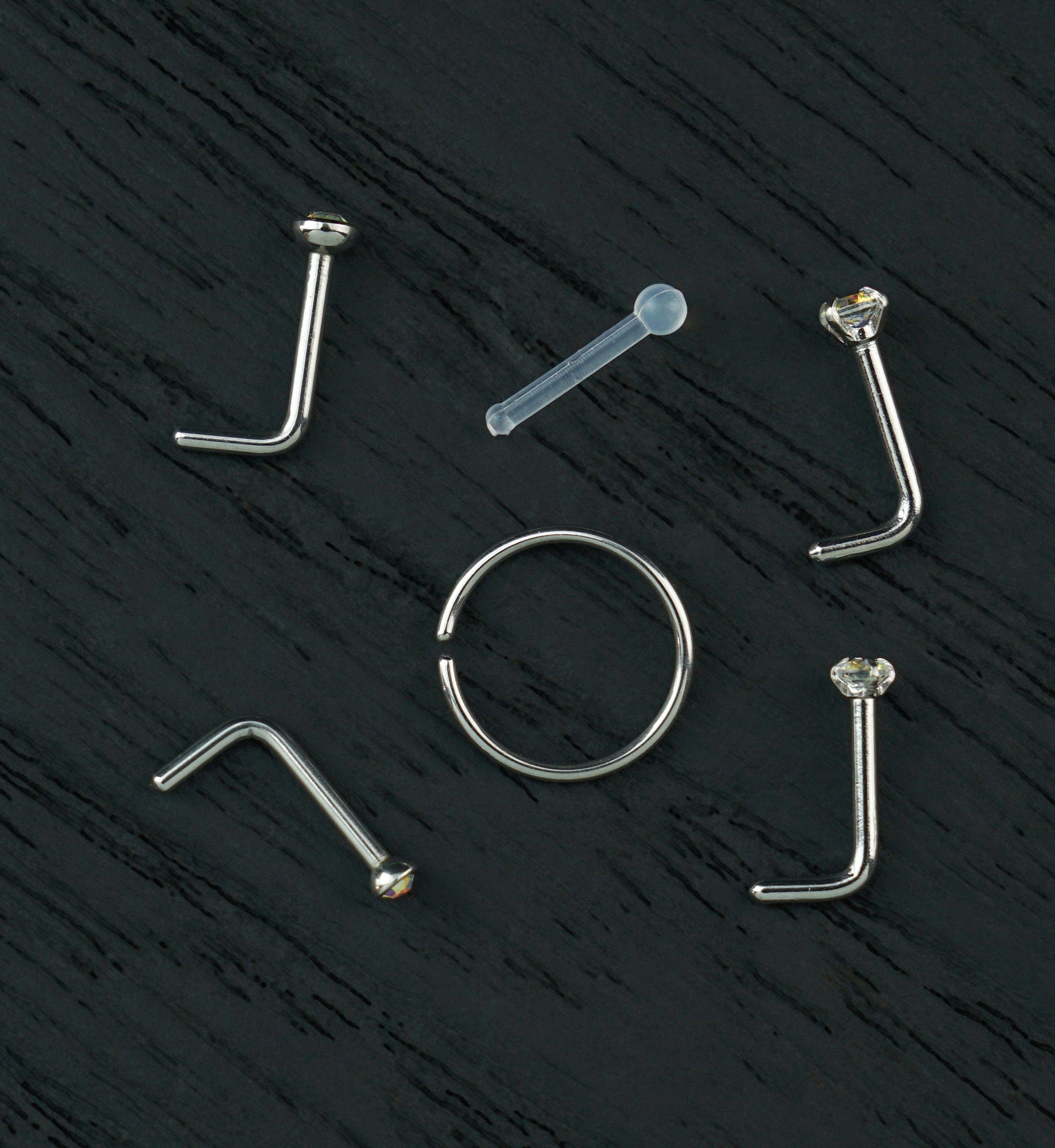 Bezel/Prong Rainbow Aurora CZ Stainless Steel L Bend/Stud/Hoop Variety Pack (6 Pack)