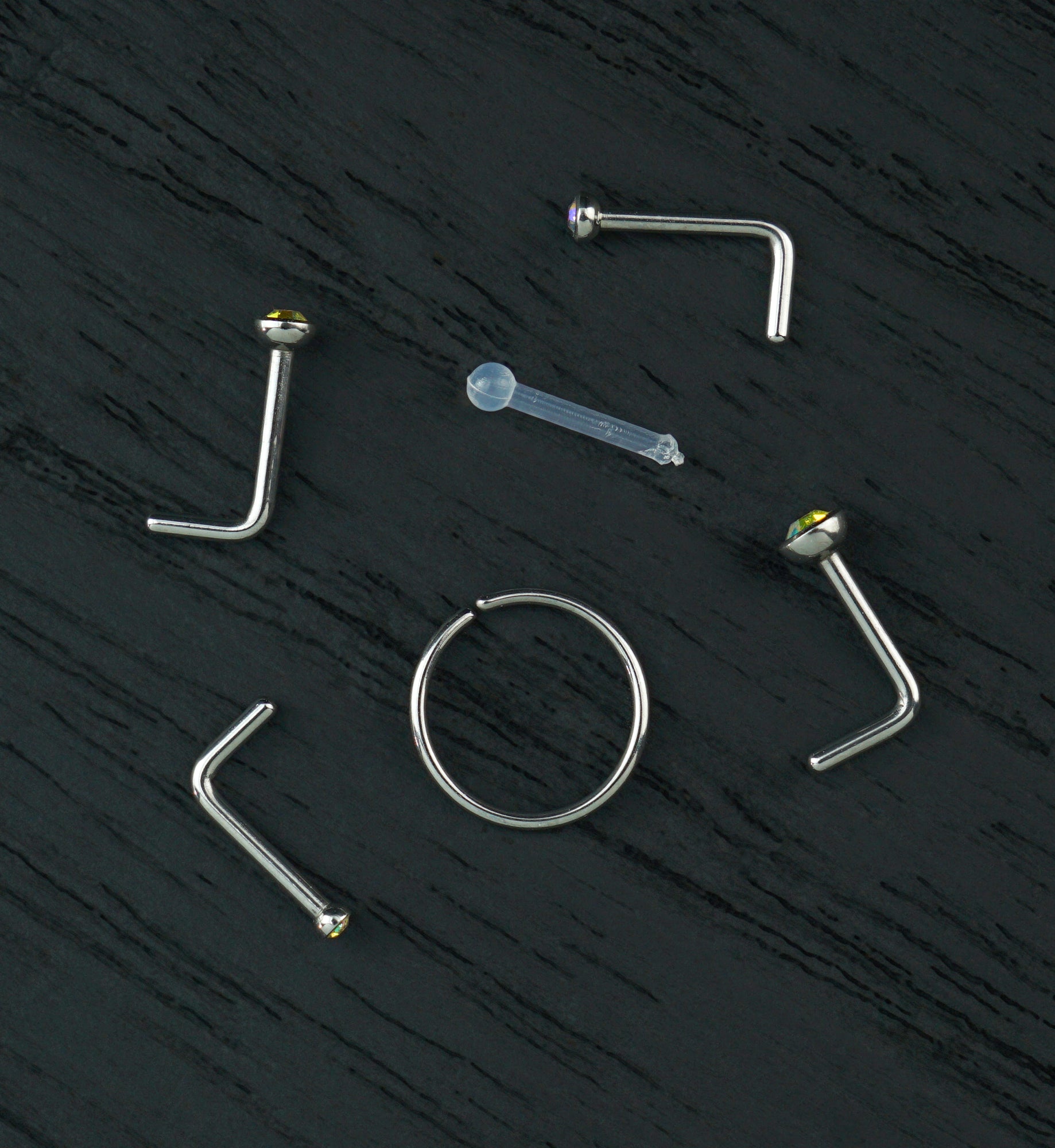 Bezel Rainbow Aurora CZ Stainless Steel L Bend/Stud/Hoop Variety Pack (6 Pack)