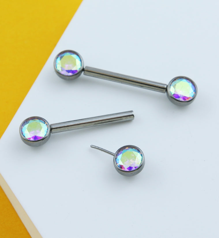 Bezel Rainbow Aurora CZ Threadless Titanium Nipple Barbells