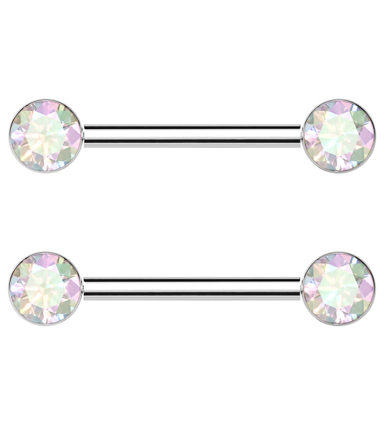 Bezel Rainbow Aurora CZ Threadless Titanium Nipple Barbells