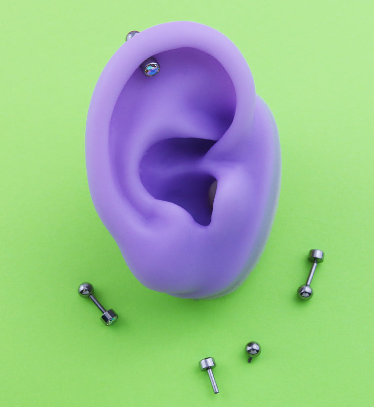 Bezel Rainbow Aurora CZ Titanium Internally Threaded Barbell