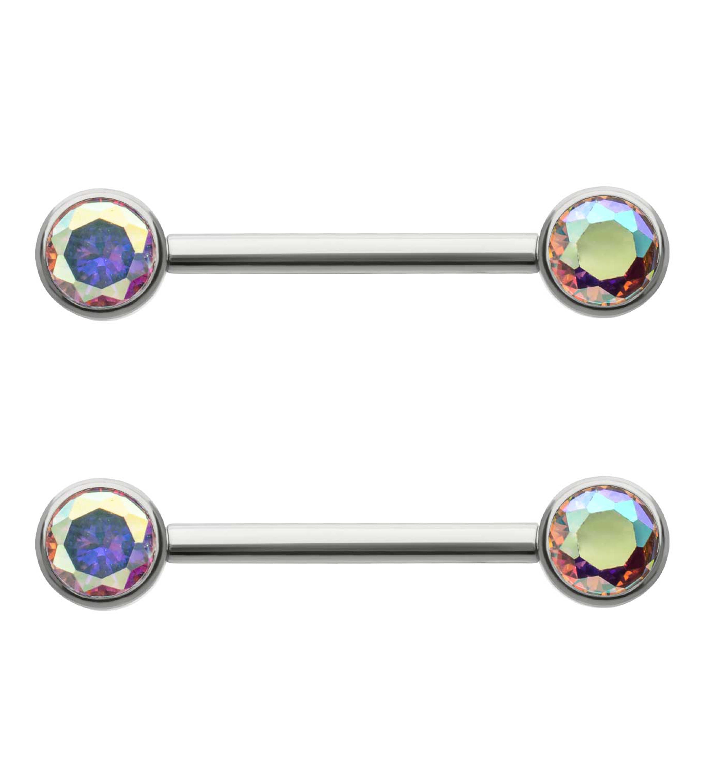 Bezel Set Rainbow Aurora CZ Titanium Internally Threaded Nipple Barbells
