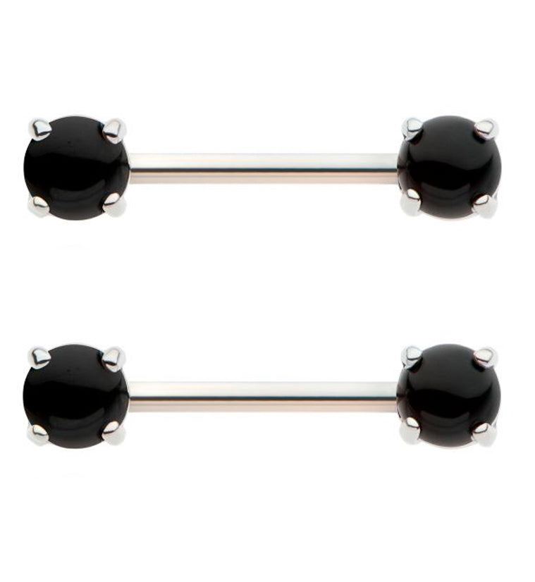 Black Agate Stone Prong Stainless Steel Nipple Barbell