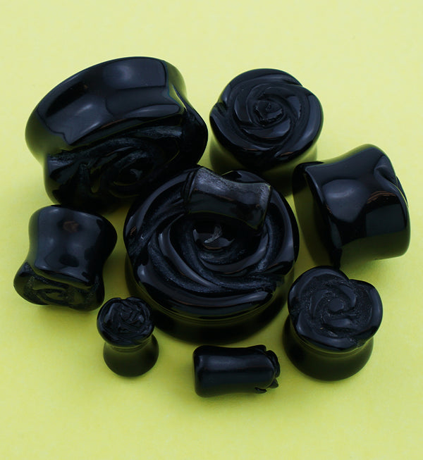 Black Agate Stone Rosebud Plugs