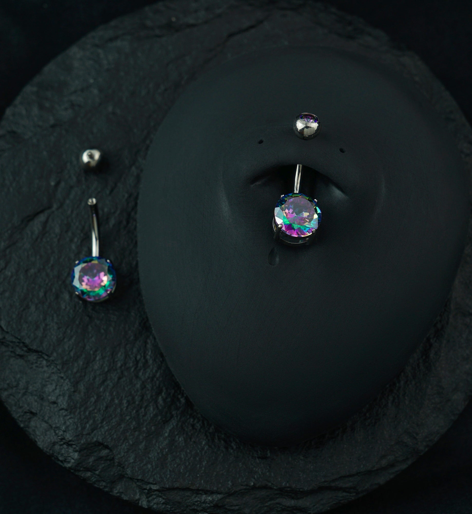 Black Aurora CZ Prong/Bezel Internally Threaded Titanium Belly Button Ring