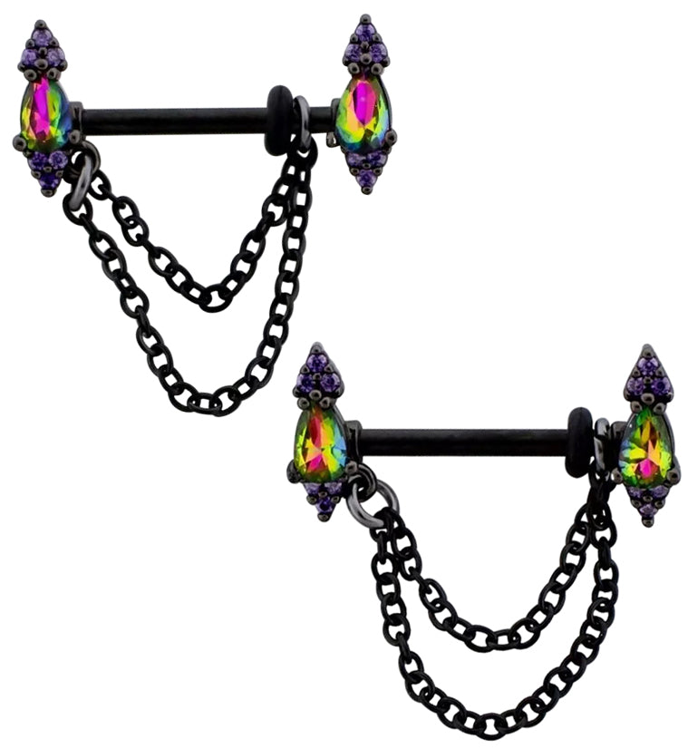 Black PVD Teardrop Black Aurora And Amethyst CZ Dangle Chain Stainless Steel Nipple Barbell