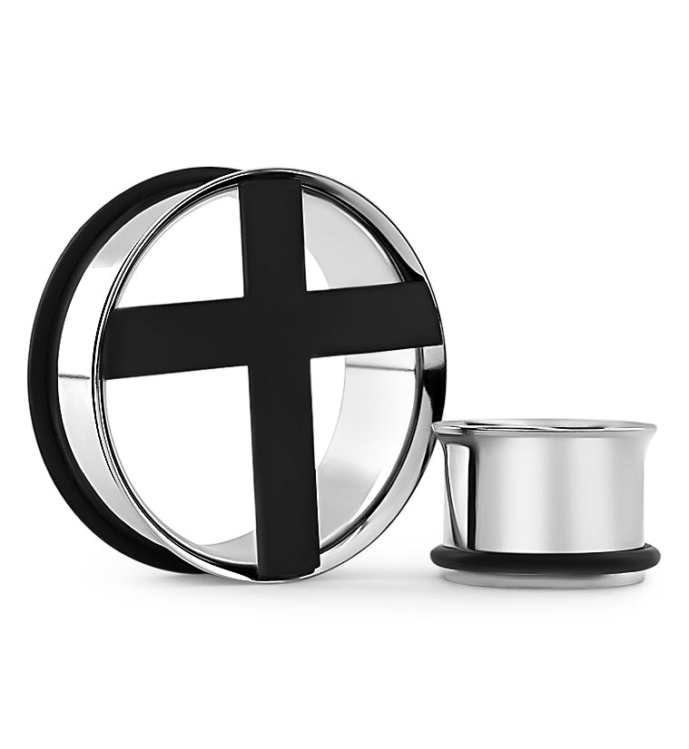 Stainless Steel Black Cross Tunnel Plugs