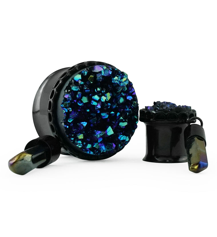 Black Druzy Plugs with Hanging Crystal