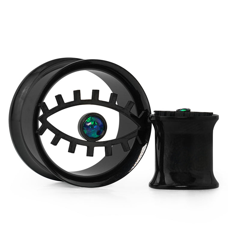 Black PVD Evil Eye Green Opalite Stainless Steel Tunnel Plugs
