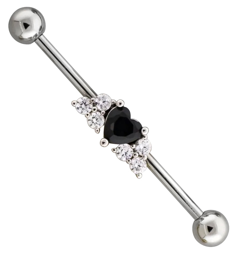 Black Heart Clear CZ Stainless Steel Industrial Barbell