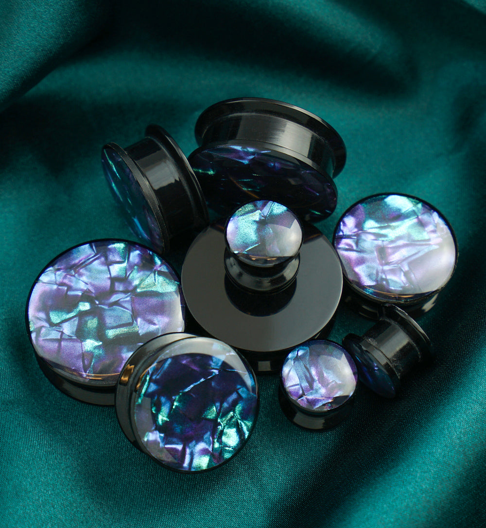 Acrylic Black Plugs With Abalone Shell Inlay (4G - 1