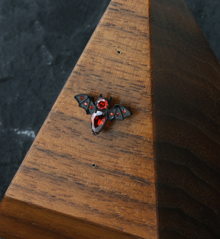 Black PVD Bat Red CZ Threadless Titanium Top