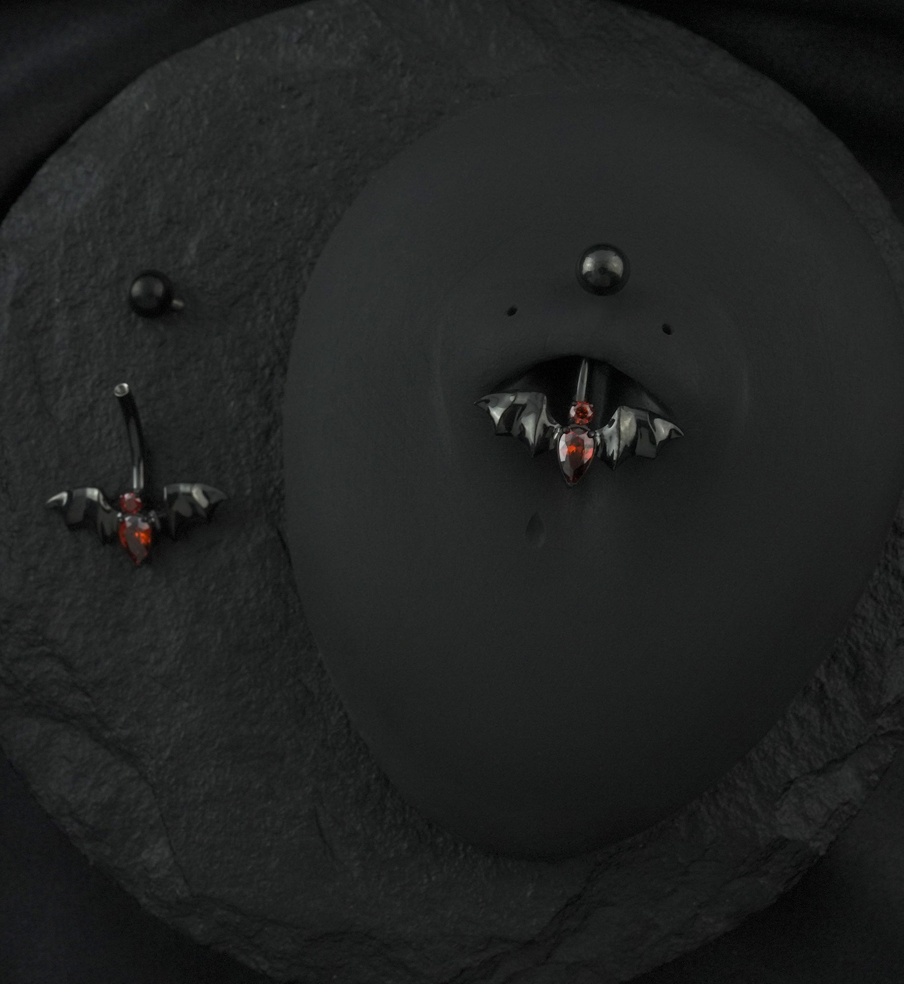 Black PVD Bat Red CZ Titanium Internally Threaded Belly Button Ring