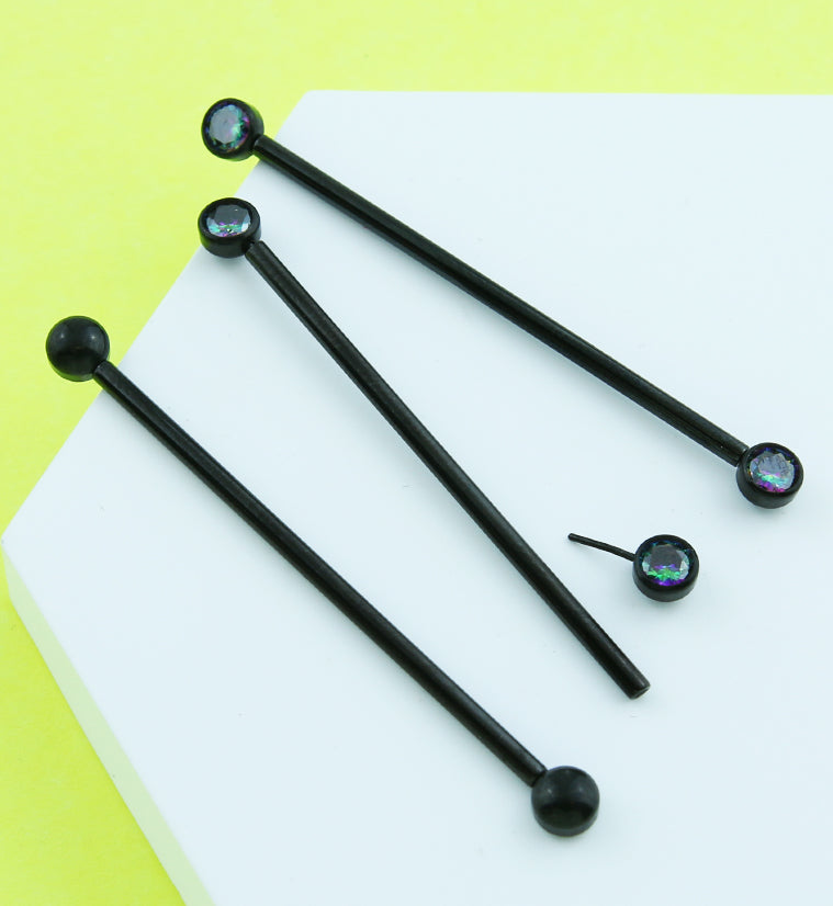 Black PVD Bezel Black Aurora CZ Threadless Titanium Industrial Barbell