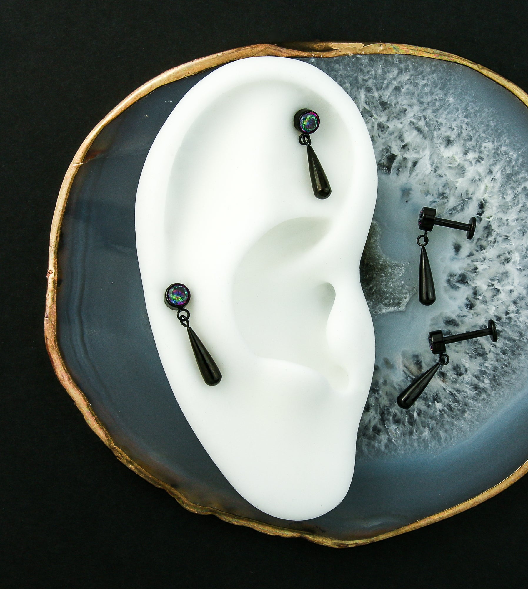 Black PVD Black Aurora CZ Dangle Teardrop Internally Threaded Titanium Labret