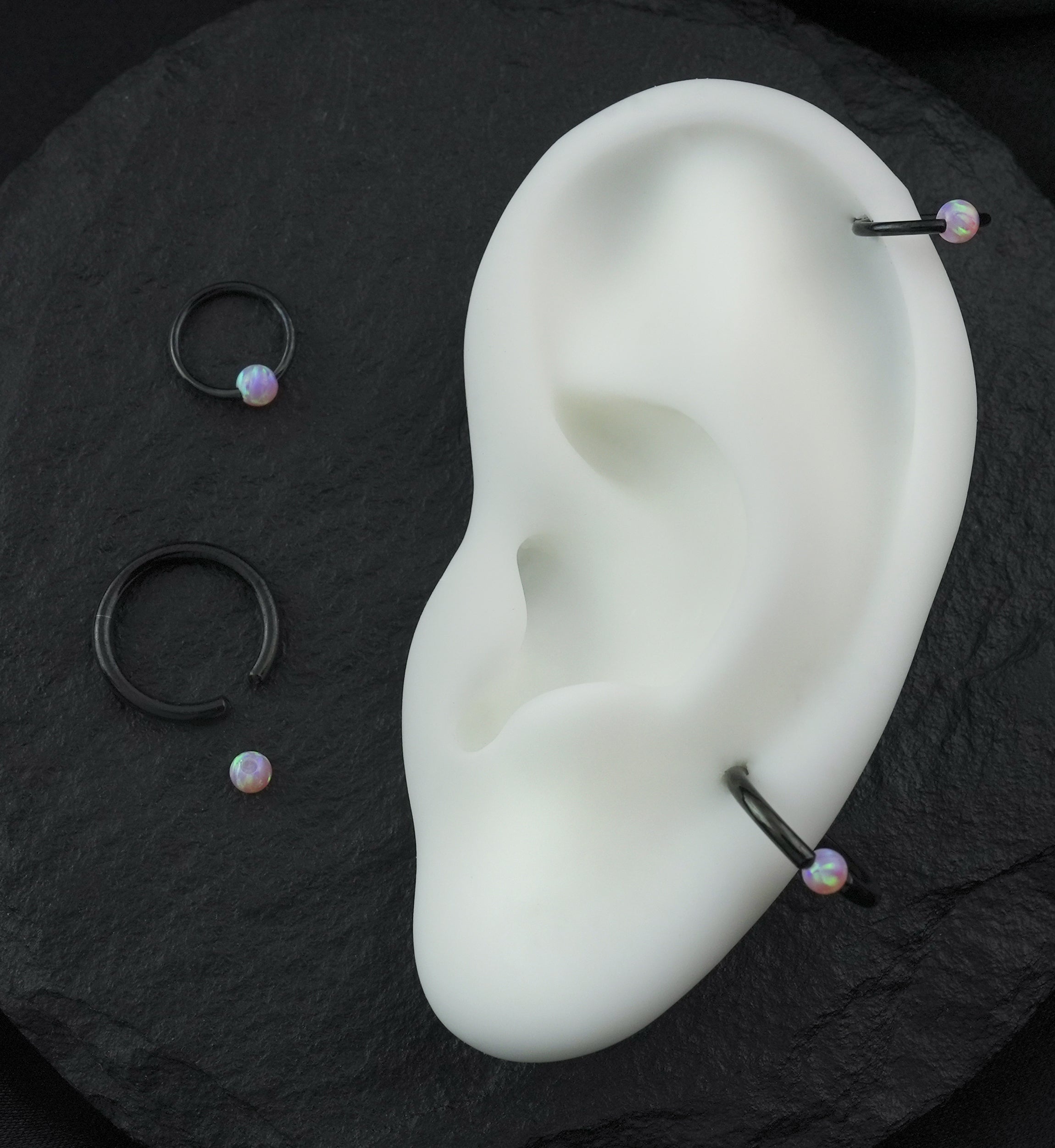 Black PVD Captive Ring With Pink Opalite Bead