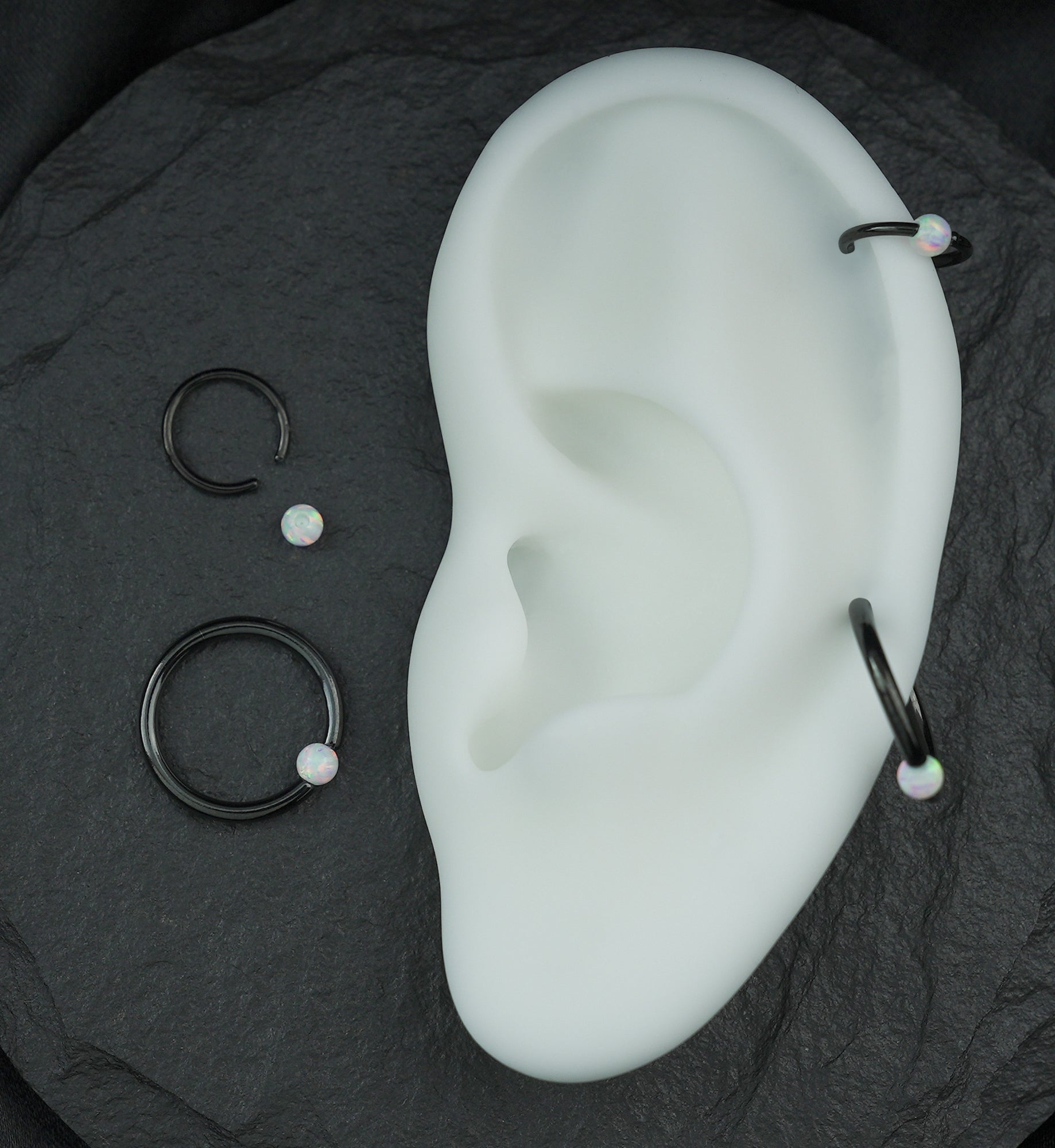 Black PVD Captive Ring With White Opalite Bead