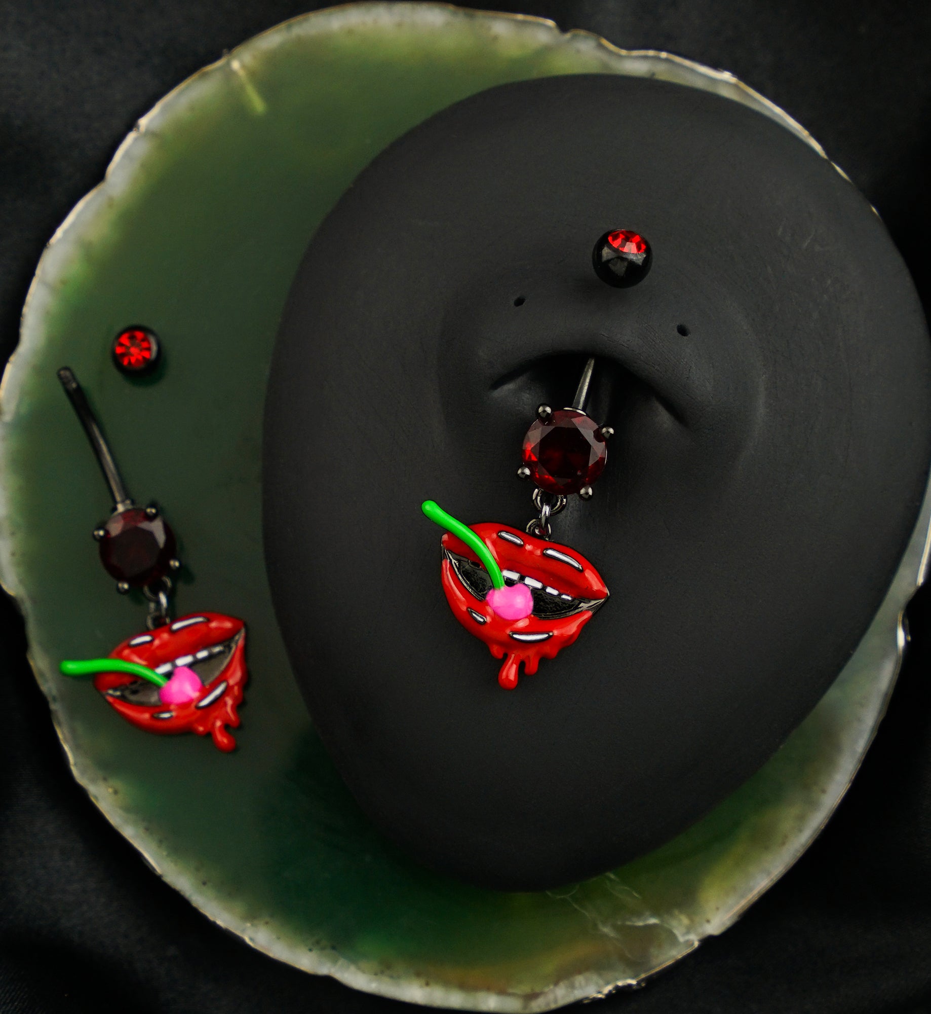 Black PVD Cherry Lips Red CZ Stainless Steel Belly Button Ring