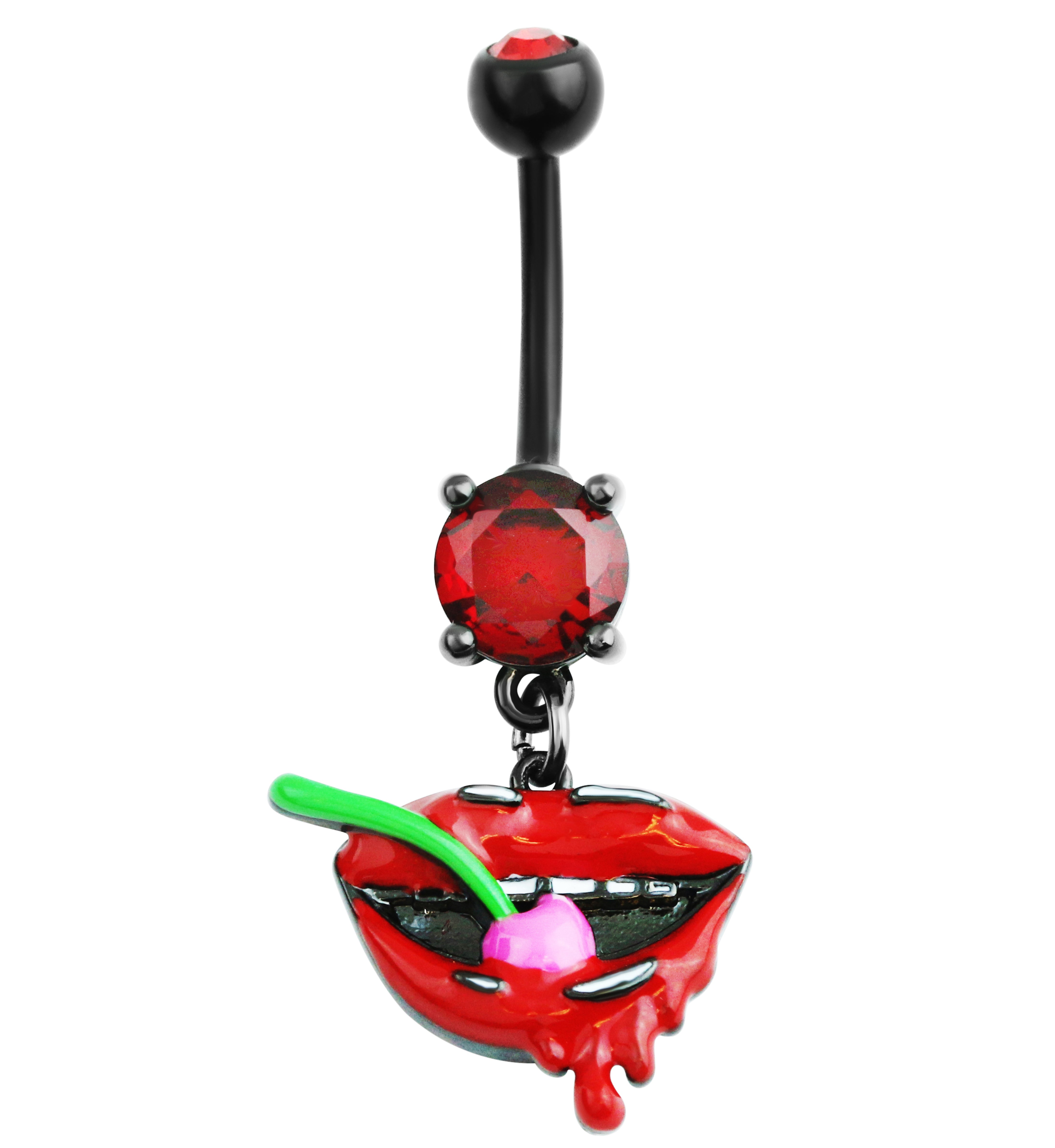 Black PVD Cherry Lips Red CZ Stainless Steel Belly Button Ring