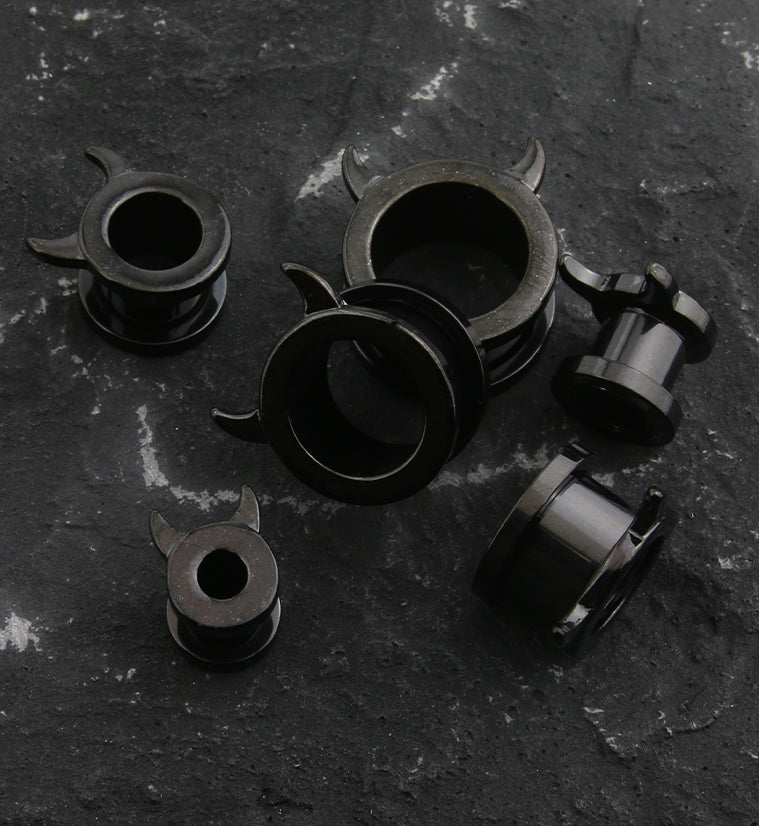 Black PVD Devil Horns Stainless Steel Tunnel Plugs
