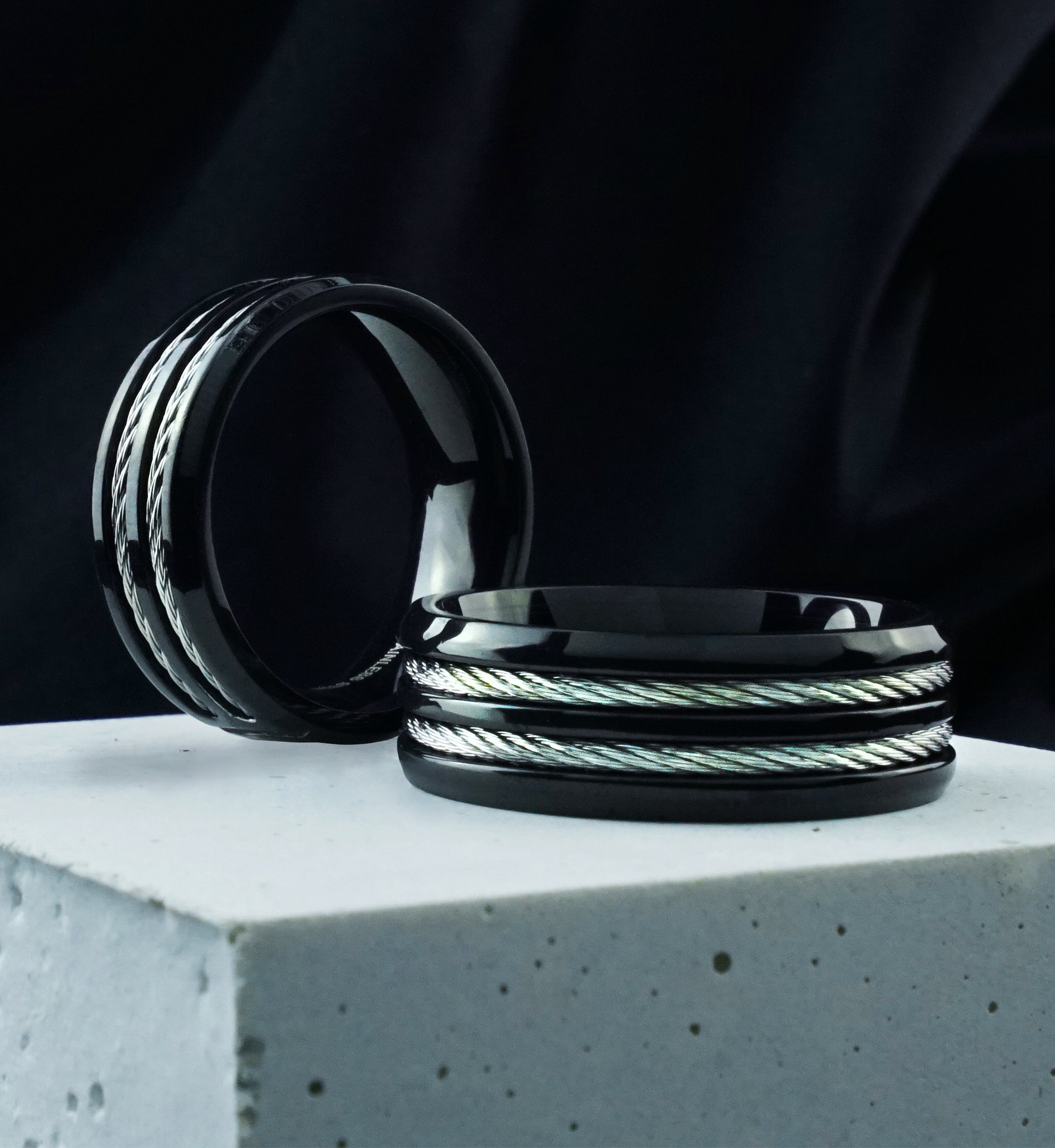 Black PVD Double Cable Row Stainless Steel Ring