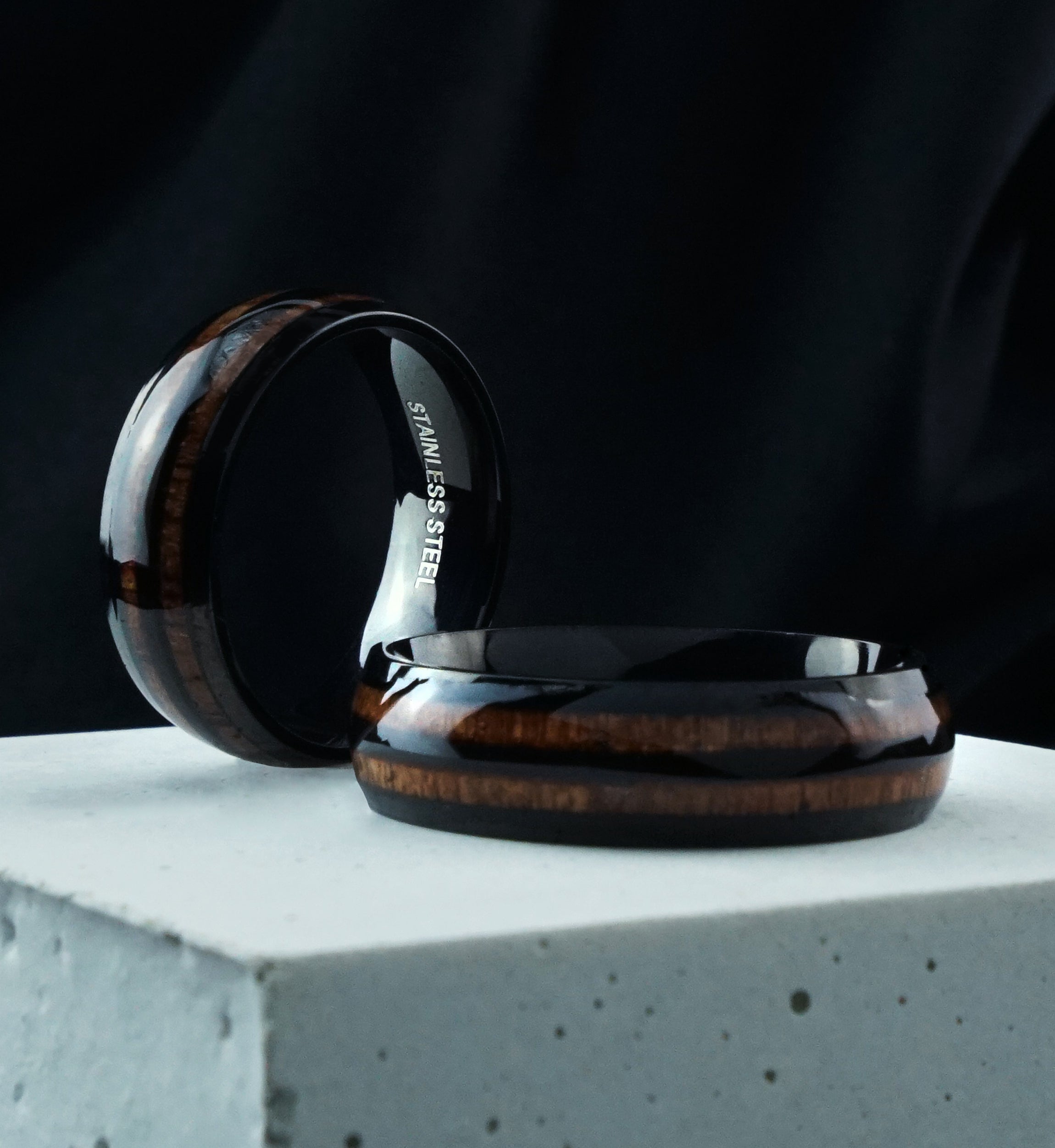 Black PVD Double Wood Inlay Stainless Steel Ring