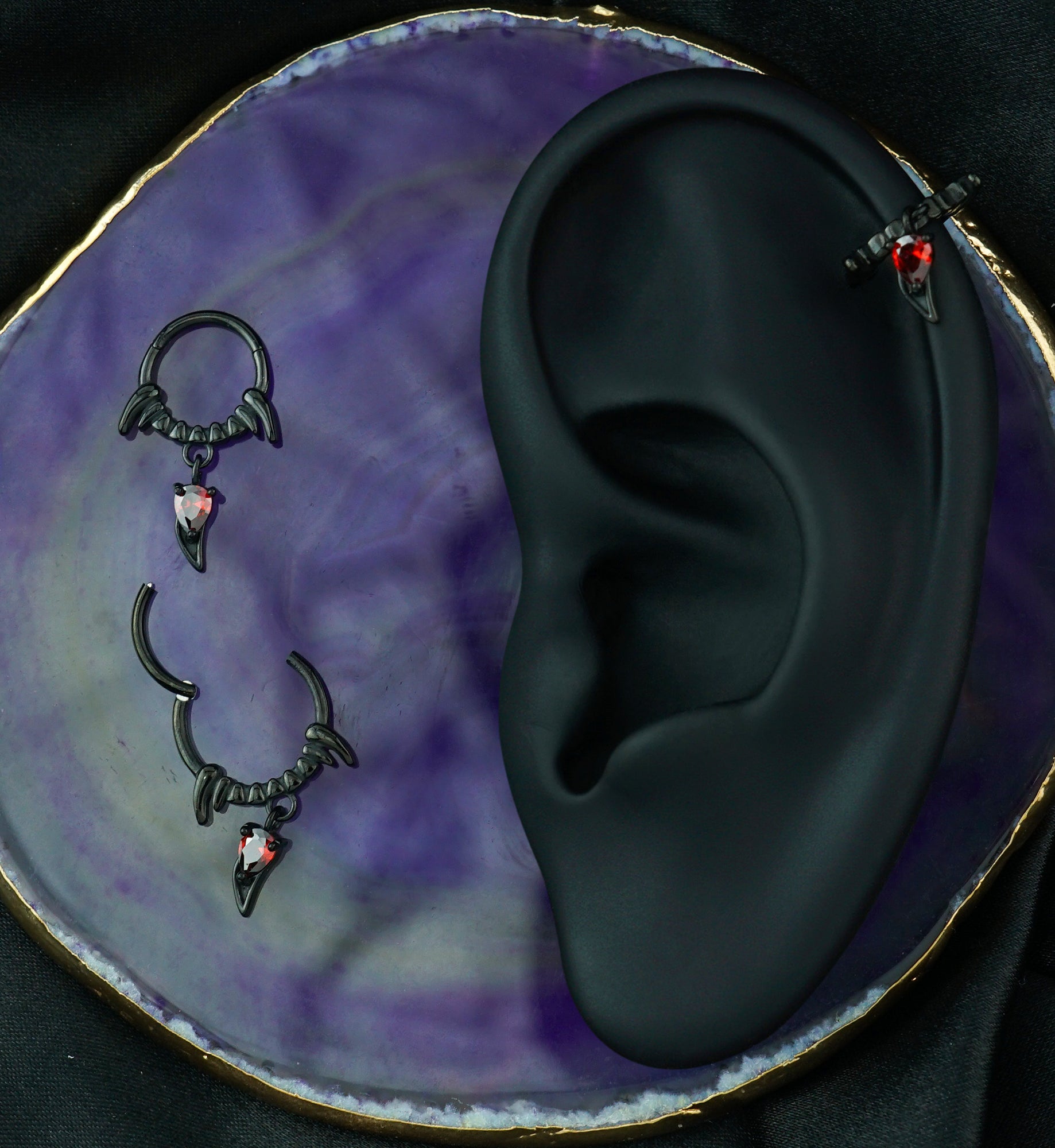 Black PVD Fangs Red CZ Dangle Stainless Steel Hinged Segment Ring