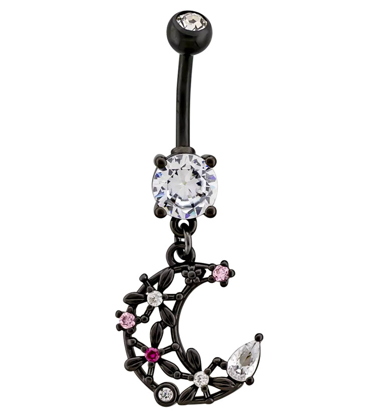Black PVD Floral Moon CZ Stainless Steel Belly Button Ring ...