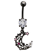 Black PVD Floral Moon CZ Stainless Steel Belly Button Ring