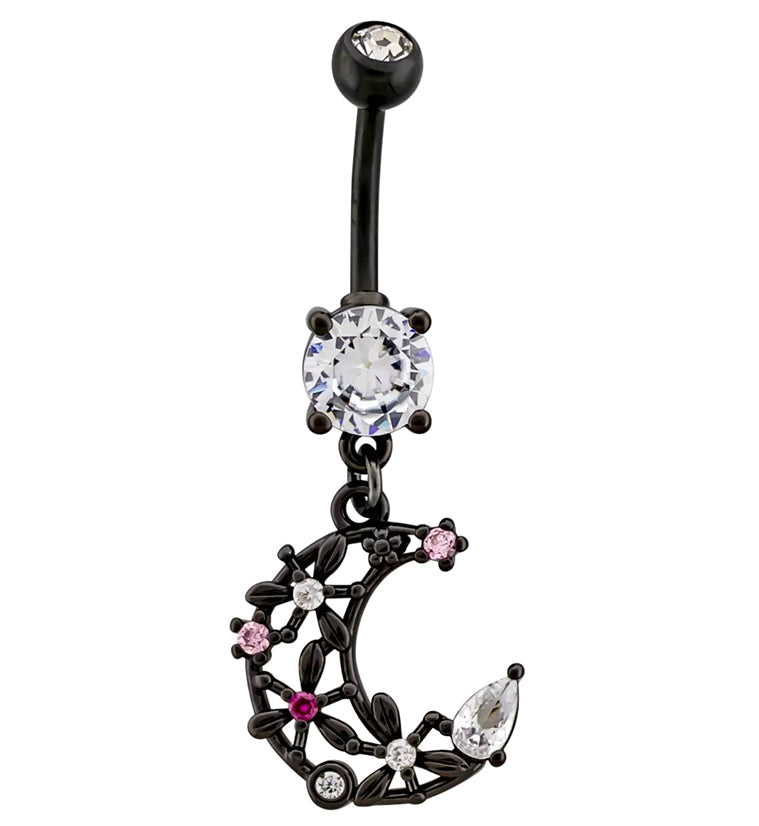 Black PVD Floral Moon CZ Stainless Steel Belly Button Ring