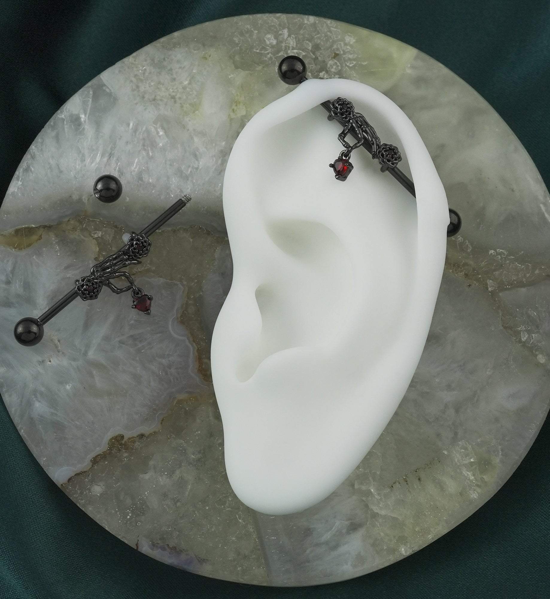 Black PVD Gothic Skeleton Hand Dangle Heart Industrial Barbell